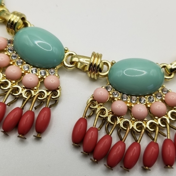 J Crew Beaded Statement Necklace Fan Colorful Multicolor Gold Tone Fringe Dangle - Picture 4 of 11